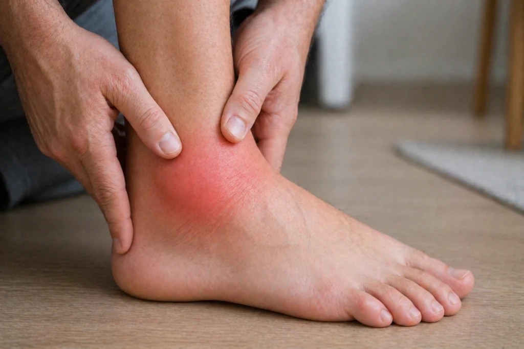 Arthritis als Ursache von Schmerzen mit geschwollenem und gerötetem Sprunggelenk