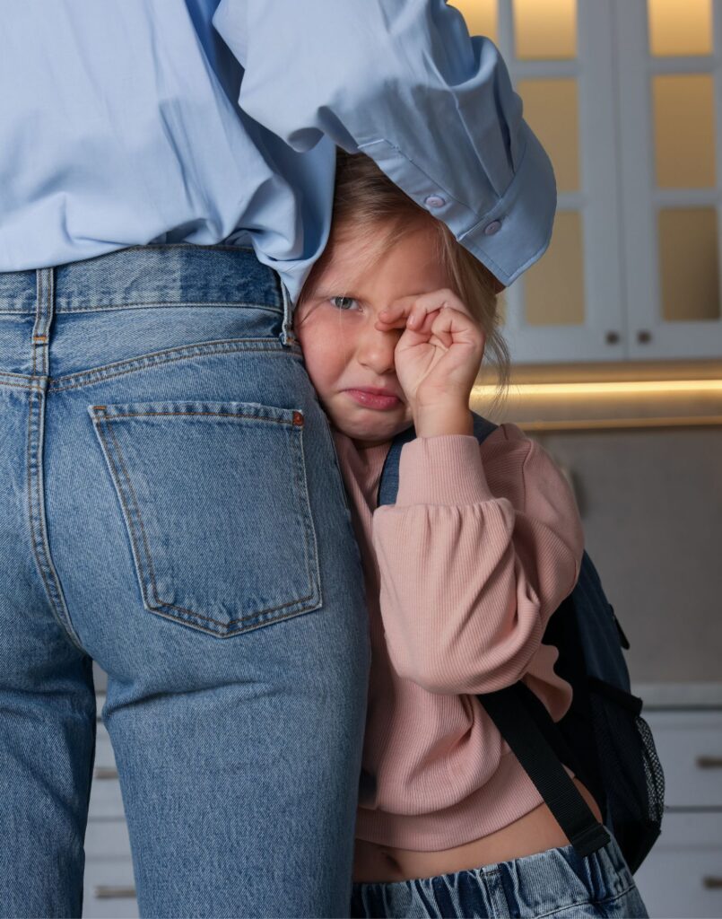 Weinendes kleines Mädchen, was sich bei der Mutter versteckt und an sie klammert