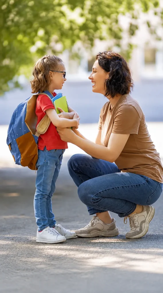 Schulanfang ohne Stress: Mutter verabschiedet ihr Kind mit Schulrucksack liebevoll vor dem ersten Schultag.