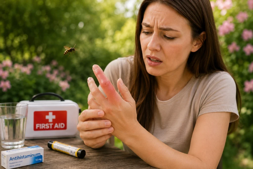Insektengiftallergie – Frau sitzt an einem Gartentisch und hält sich die schmerzende Hand mit dem geschwollenen Finger nach einem Insektenstich, vor ihr eine Wespe