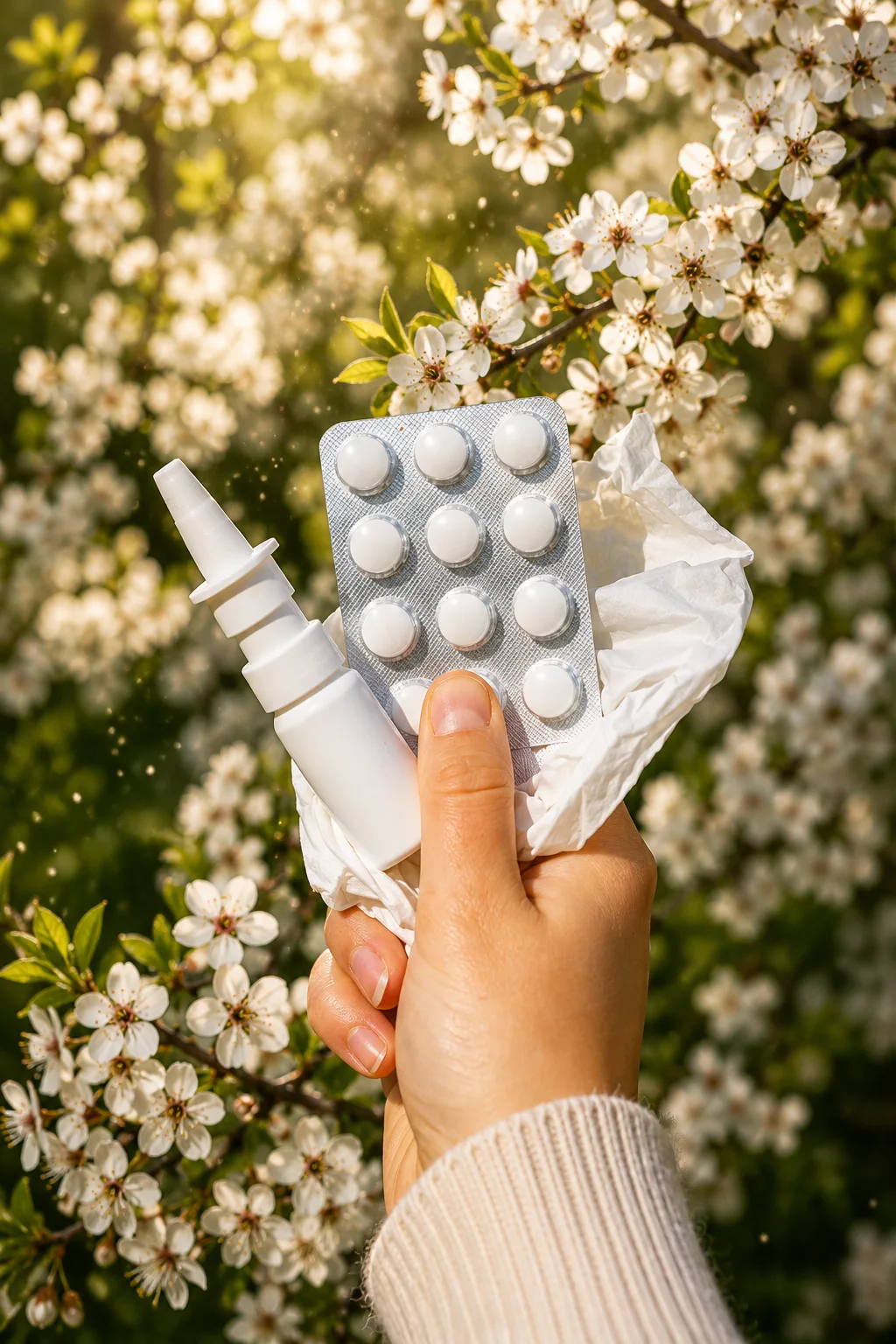 Tropfen und Tabletten gegen Allergien in der Hand vor einem blühenden Strauch im Frühling