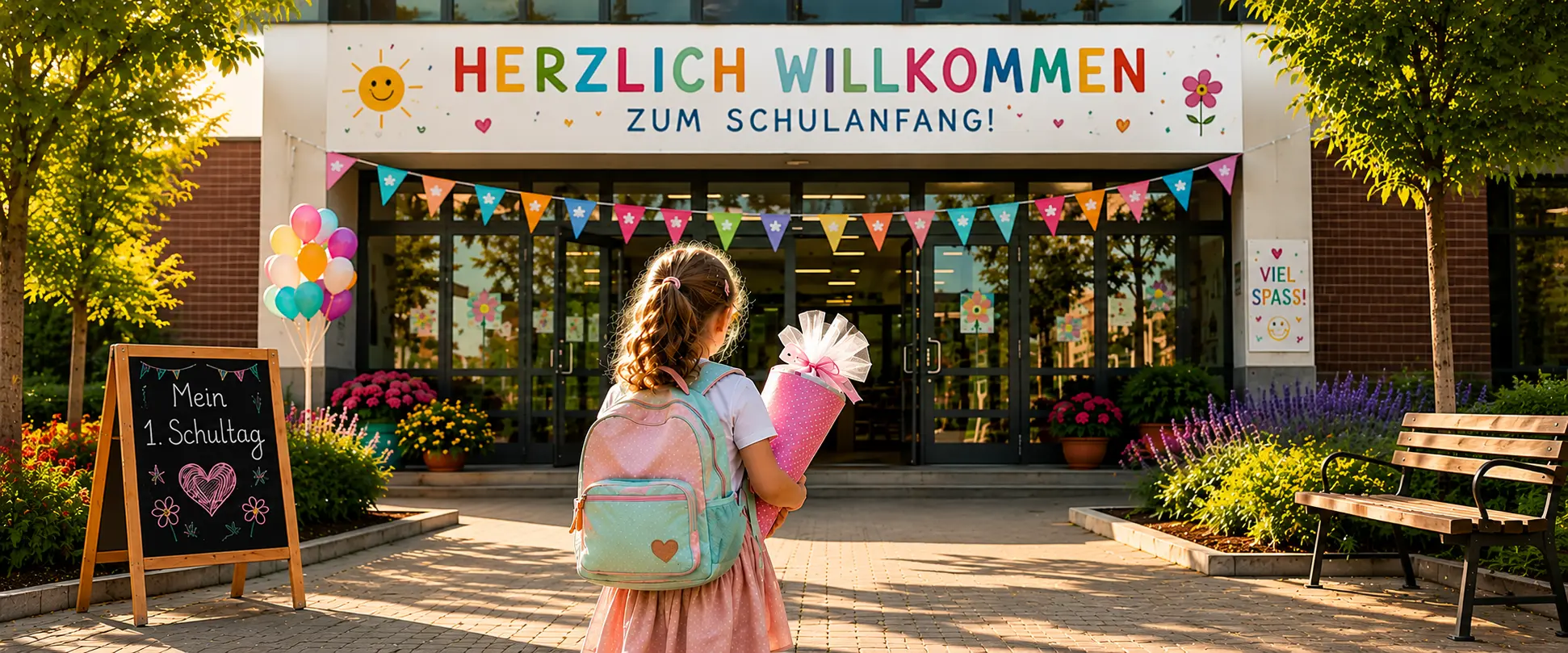 Schulanfang ohne Stress: Mädchen mit Schultüte und Rucksack vor einem festlich geschmückten Schuleingang am ersten Schultag.