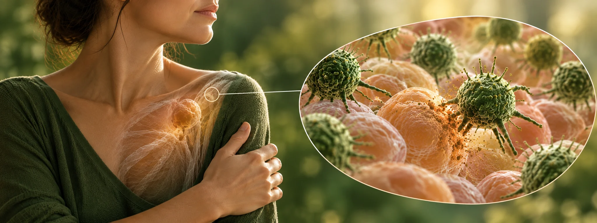 Frau mit Darstellung körpereigener Zellen und Immunzellen als Symbol dafür, wie sich Autoimmunerkrankungen ganzheitlich behandeln lassen.