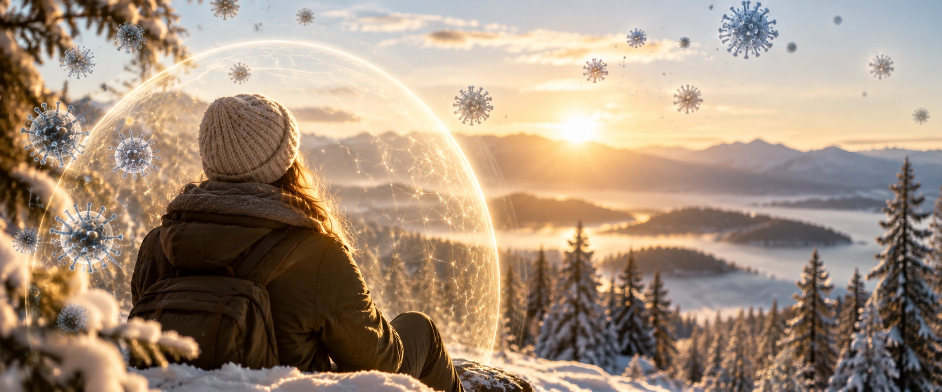 Was unser Immunsystem wirklich braucht – Frau in winterlicher Berglandschaft mit symbolischem Schutzschild vor Krankheitserregern